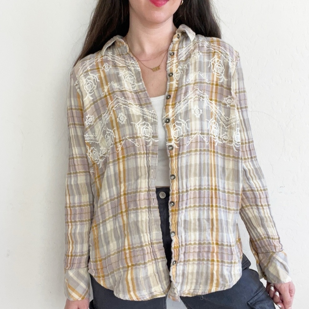 FREE PEOPLE Magical Plaid Yellow Embroidered Shirt - Picture 2 of 10
